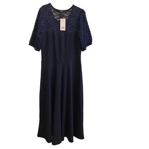 NEW Long Tall Sally LTS Navy Midi Dress Lace Short Sleeves Size 12